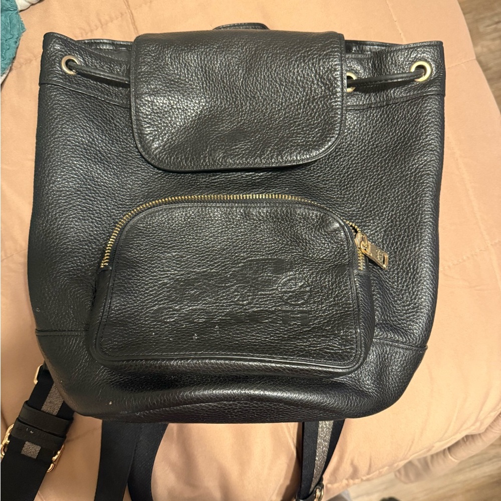 Coach Black Leather Backpack with Gold Details